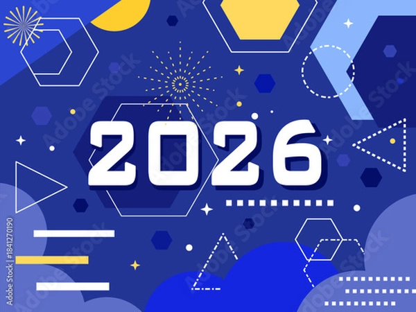 Obraz Banner/poster image of Happy New Year 2026 in Geometric and Chevron style with a blue background.