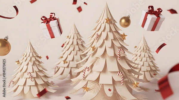 Fototapeta Paper style christmas trees with floating gifts and festive decorations
