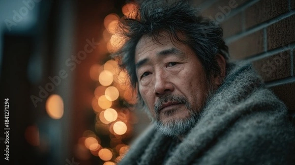 Fototapeta Elderly Asian man wrapped in a worn blanket sits against a brick wall, surrounded by softly glowing Christmas lights, evoking warmth and solitude in a cool evening atmosphere