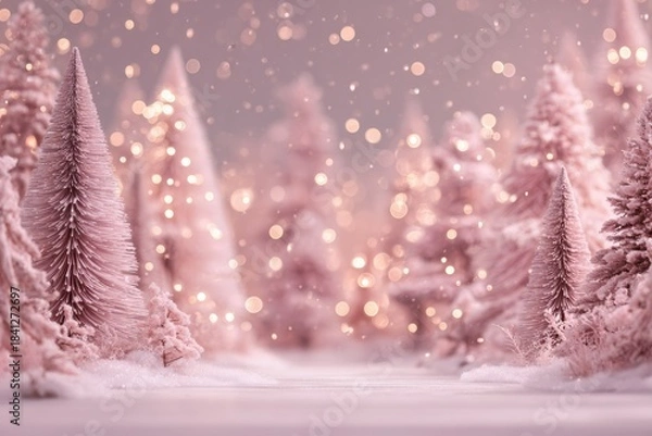 Fototapeta Pink Christmas background featuring snowy trees adorned with glowing star lights, creating a magical winter wonderland atmosphere for festive celebrations and holiday greetings