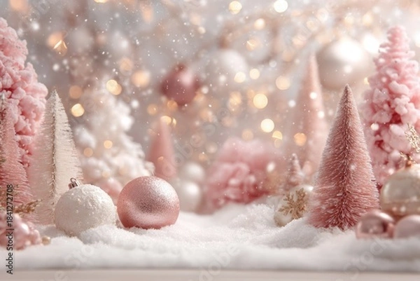Fototapeta Soft powder pink Christmas scene with fluffy snow, pastel fir trees, and shimmering ornaments, creating a serene winter wonderland atmosphere with copy space