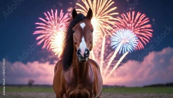 Obraz Horse under nighttime fireworks display — AI generated