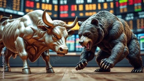 Obraz Bull and bear facing off in front of digital stock market board — AI generated