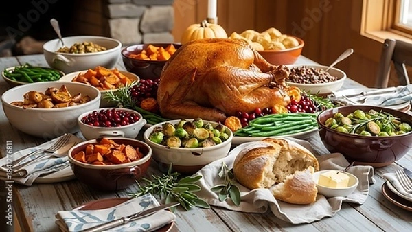 Fototapeta Feast spread featuring roasted turkey and holiday sides