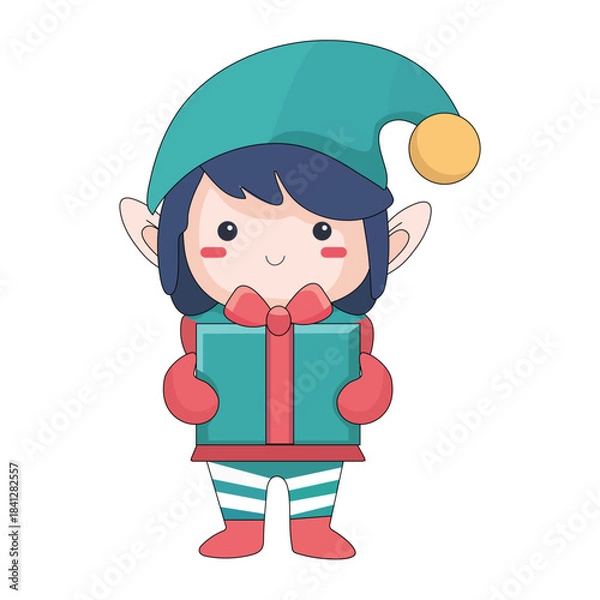 Obraz Cute elf with gift box vector illustration graphic