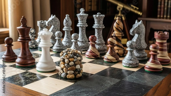 Fototapeta Unique Collection of Diverse Chess Pieces, Crafted from Natural Stone and Fine Wood, Arranged on a Luxurious Board in a Warm Study
