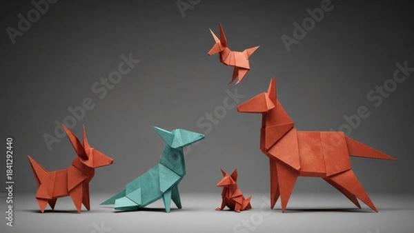 Fototapeta Artistic rendering of a family of geometric origami dogs and canine figures, beautifully folded in papercraft style