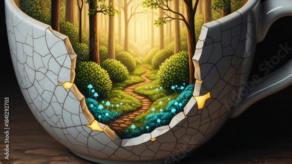 Fototapeta A Magical Forest Path with Glowing Flowers Unfolds Within a Cracked Teacup, Revealing Hidden Natural Beauty