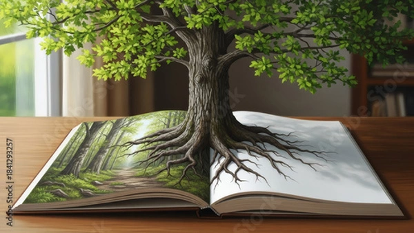 Fototapeta Vibrant tree with deep roots growing from an open book, symbolizing the enduring power of knowledge, nature, and personal growth