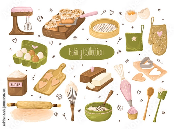 Obraz Baking Tools and Cookie making set. Cute Kitchen Clipart with Pastry elements. Vector.