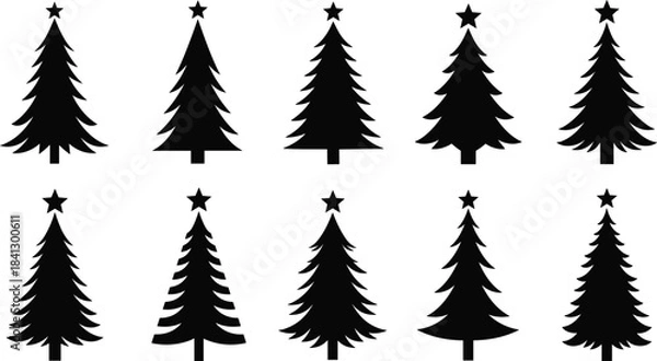 Fototapeta Christmas Tree Silhouettes Set with Star Topper, Different Styles, Black Icons Isolated on White, Holiday Vector Collection