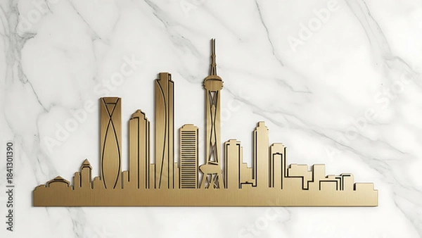 Fototapeta Golden miniature cityscape of modern buildings and skyscrapers resting on a white marble surface artistic presentation