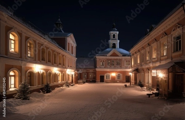 Fototapeta Illuminated monastery courtyard on snowy night