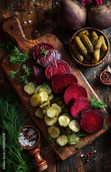 Fototapeta Pickled beets and cucumbers on wooden board