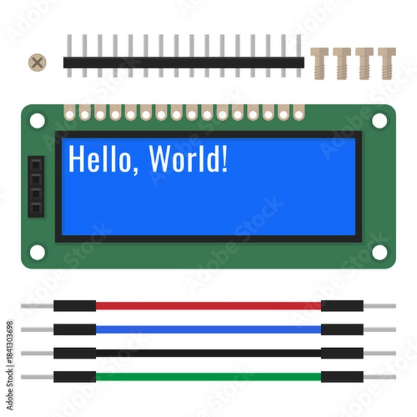Fototapeta LCD screen with Hello World message. Electronics module kit with display and wiring components. Vector illustration for electronics tutorials, microcontroller projects, educational content