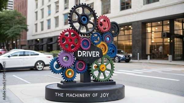 Fototapeta Colorful kinetic sculpture of interlocking gears on a city sidewalk with driver the machinery of joy word