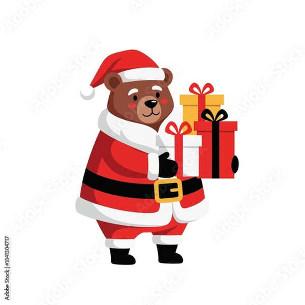 Fototapeta A cute cartoon bear dressed as Santa Claus holding a stack of Christmas presents, isolated on a white background.