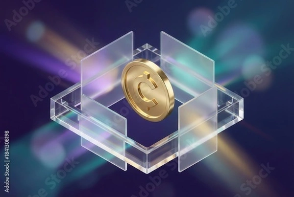 Obraz Futuristic 3D cryptocurrency concept featuring a gold coin floating inside a protective isometric frosted glass cube structure on a violet bokeh background, symbolizing digital wealth and security.