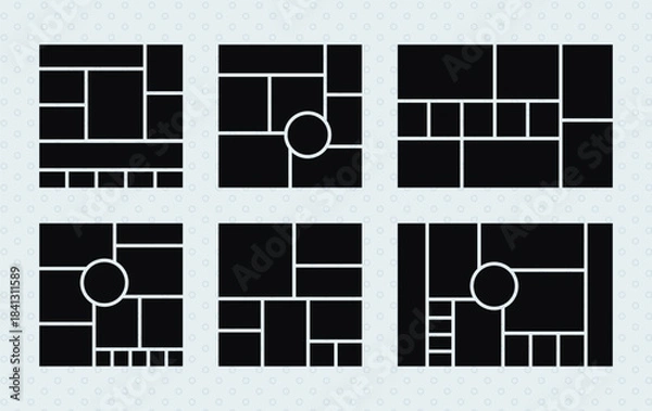 Obraz Mood board template. Photo collage grid. Moodboard banner. Mosaic pictures. Square and horizontal design of gallery mockup. Set of scrapbook frames. Photography album layout. Vector illustration