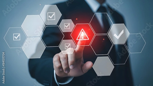 Obraz Man interacting with digital interface showing security alert and data protection