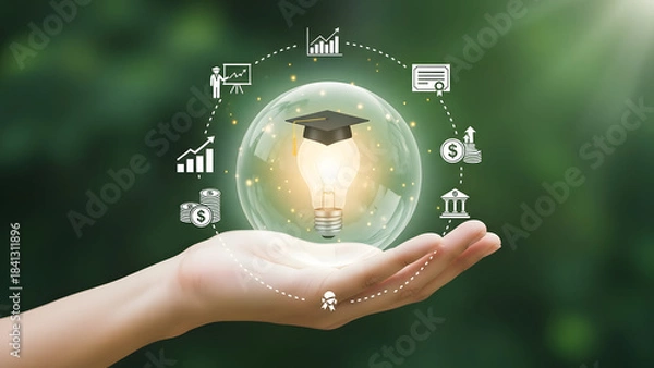 Obraz Hand holding glowing lightbulb with digital icons representing innovation and growth