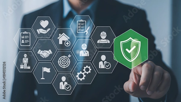 Obraz Man interacting with digital security interface showing data protection and network safety