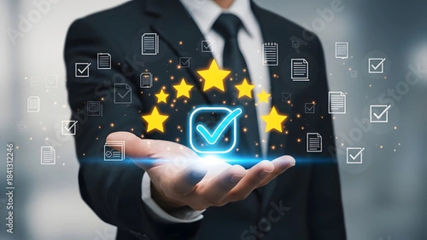 Obraz Business professional presenting digital success icons and a checkmark symbol