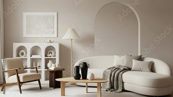 Obraz Minimalist living room interior with arched floor lamp and neutral color palette