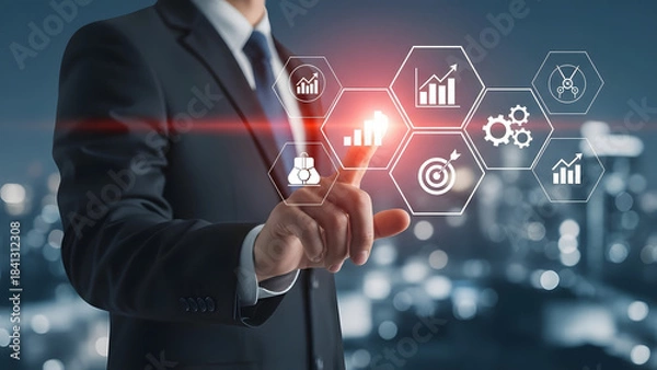 Obraz Business professional interacting with digital data and futuristic technology interface