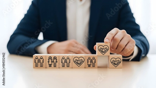 Obraz Business person carefully building a tower of wooden blocks with people icons