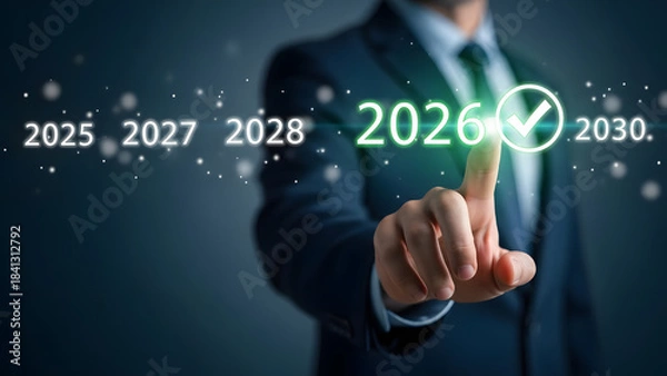 Obraz Business professional selecting the year 2026 on a futuristic digital display