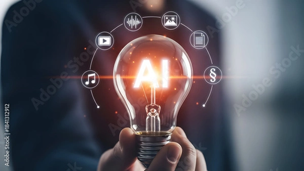 Obraz Hands holding a glowing lightbulb surrounded by digital technology icons