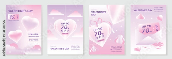 Obraz Happy Valentine’s Day background vector set. Pink pastel heart balloons with bubbles, ribbons and soft glowing clouds. Lovely romantic design for greeting cards, posters, invitations and sale banners.