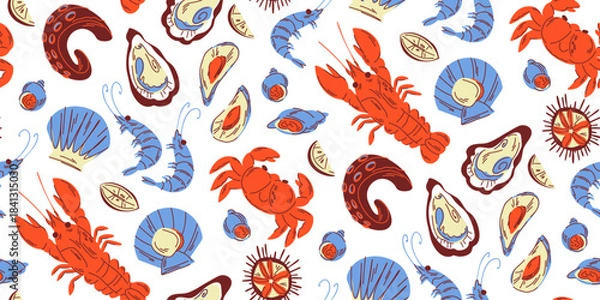 Obraz Seamless pattern with raw seafood on white, juicy crustaceans and mollusks