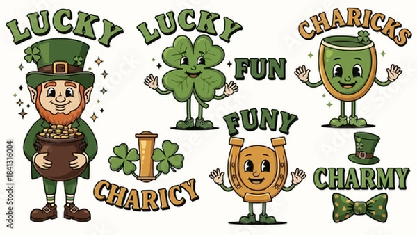 Fototapeta Retro St. Patrick's Day Cartoon Vector Illustrations with Lucky Charms and Leprechaun