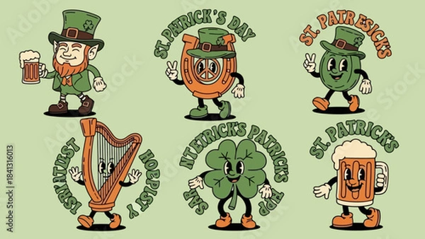 Fototapeta Retro St. Patrick's Day Cartoon Characters and Symbols with Festive Text