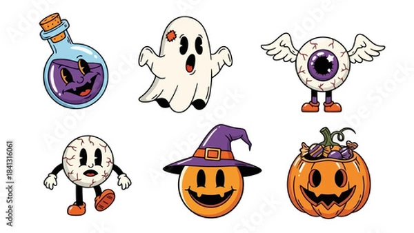 Fototapeta Retro Cartoon Halloween Characters Set: Ghost, Pumpkin, Eyeball, and Potion Bottle