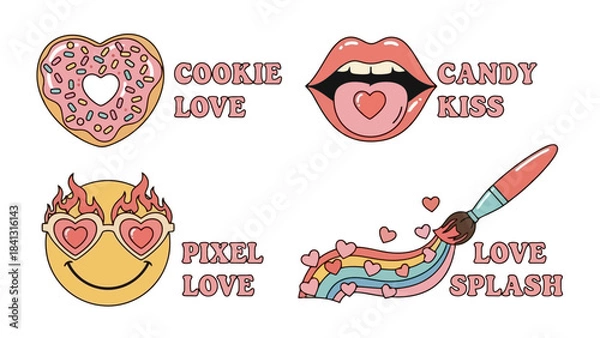 Fototapeta Retro Valentine's Day Vector Graphics with Fun Icons and Text, Celebrating Love