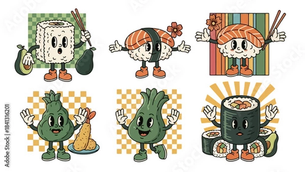 Fototapeta Retro Cartoon Sushi and Vegetable Characters with Food Elements Vector Art
