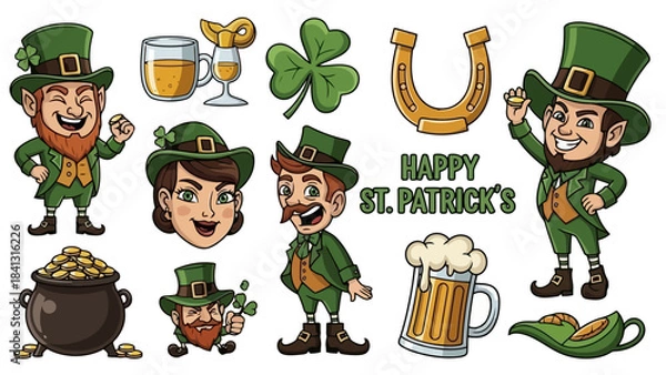 Fototapeta Happy St. Patrick's Day Cartoon Vector Illustration with Leprechauns, Beer, and Pot of Gold