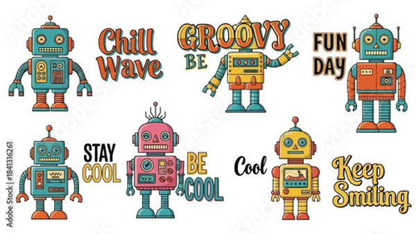 Fototapeta Retro Robot Characters with Fun Positive Sayings and Graphics