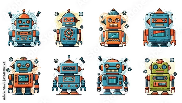 Fototapeta Collection of Retro Robot Illustrations, Vintage Sci-Fi Characters, Futuristic Technology