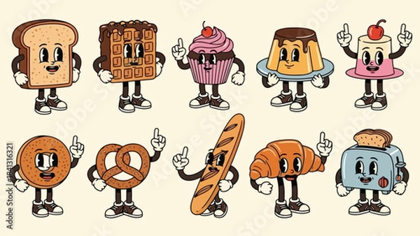 Fototapeta Retro Cartoon Bakery Characters Collection: Bread, Waffle, Cupcake, Croissant, Toaster