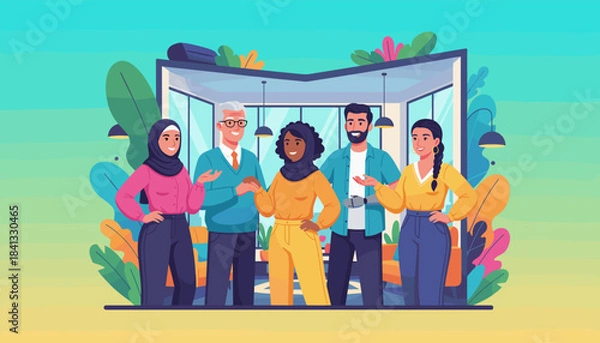 Fototapeta Diverse inclusive team collaborates in a modern sustainable office setting