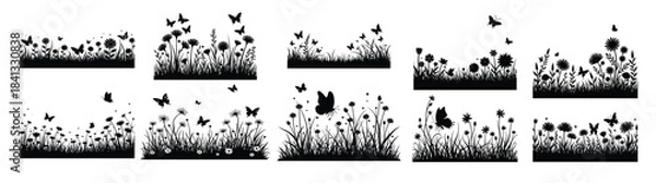 Obraz Black silhouette meadow with flowers and butterflies