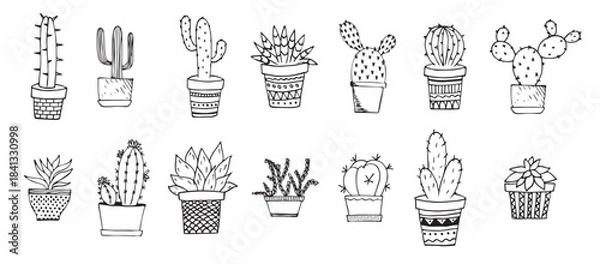 Obraz Cacti and succulents doodles illustration. Home plants in pots and cups.