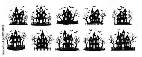 Obraz Collection of black silhouette haunted houses with bats and bare trees