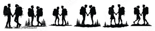 Obraz Couples holding hands with backpacks on white background