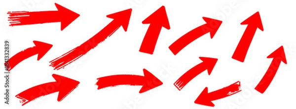 Fototapeta Set of Red Brush Stroke Arrows Pointing Upward isolated on white background