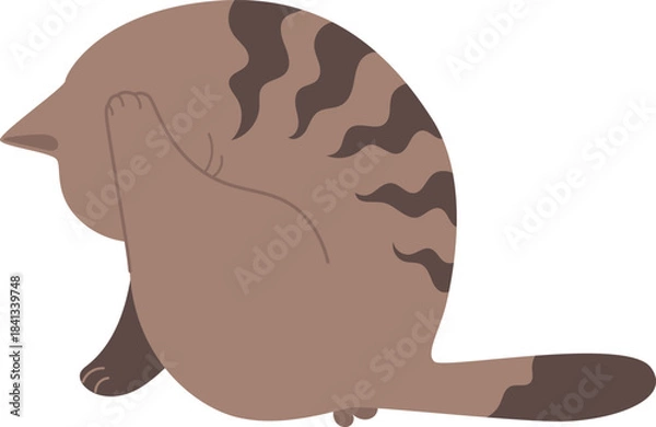 Fototapeta Cartoon brown tabby cat shown from the back in a calm seated pose. Ideal for pet illustrations, stickers and fun designs.